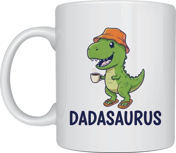 Dadasaurus mug - green cartoon T-rex in an orange bucket hat holding a coffee printed on a white ceramic mug