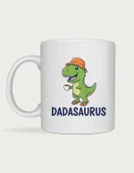 Dadasaurus mug - green cartoon T-rex in an orange bucket hat holding a coffee printed on a white ceramic mug
