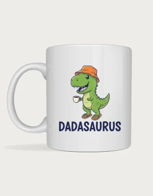 Dadasaurus mug - green cartoon T-rex in an orange bucket hat holding a coffee printed on a white ceramic mug