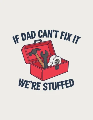 If Dad Can't Fix It mug design - open red toolbox with hammer, spanner and tape, a dad birthday gift