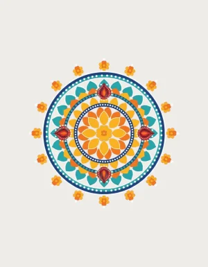 Deepavali gifts - colourful rangoli mandala mug with marigolds artwork