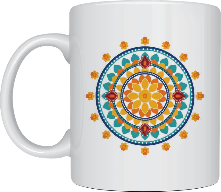 Deepavali gifts - colourful rangoli mandala mug with marigolds