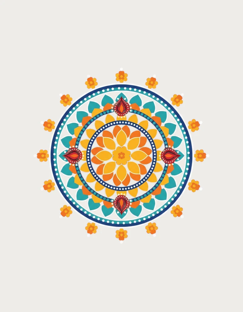Deepavali gifts - colourful rangoli mandala mug with marigolds artwork