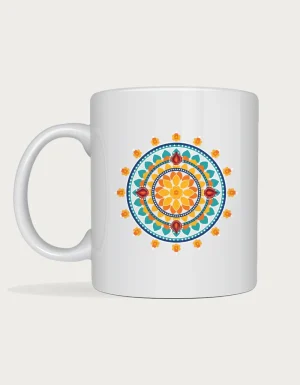 Deepavali gifts - colourful rangoli mandala mug with marigolds