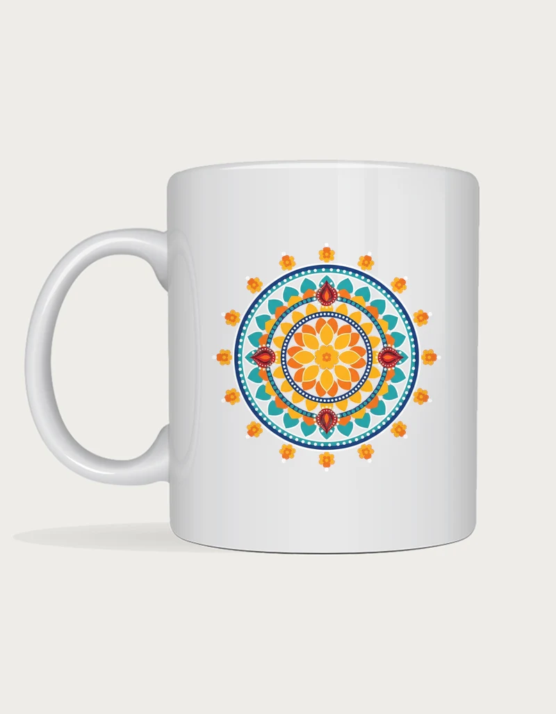 Deepavali gifts - colourful rangoli mandala mug with marigolds