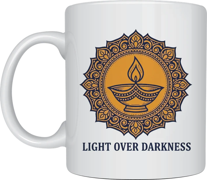 Diwali gift - Light Over Darkness woodblock print diya mug