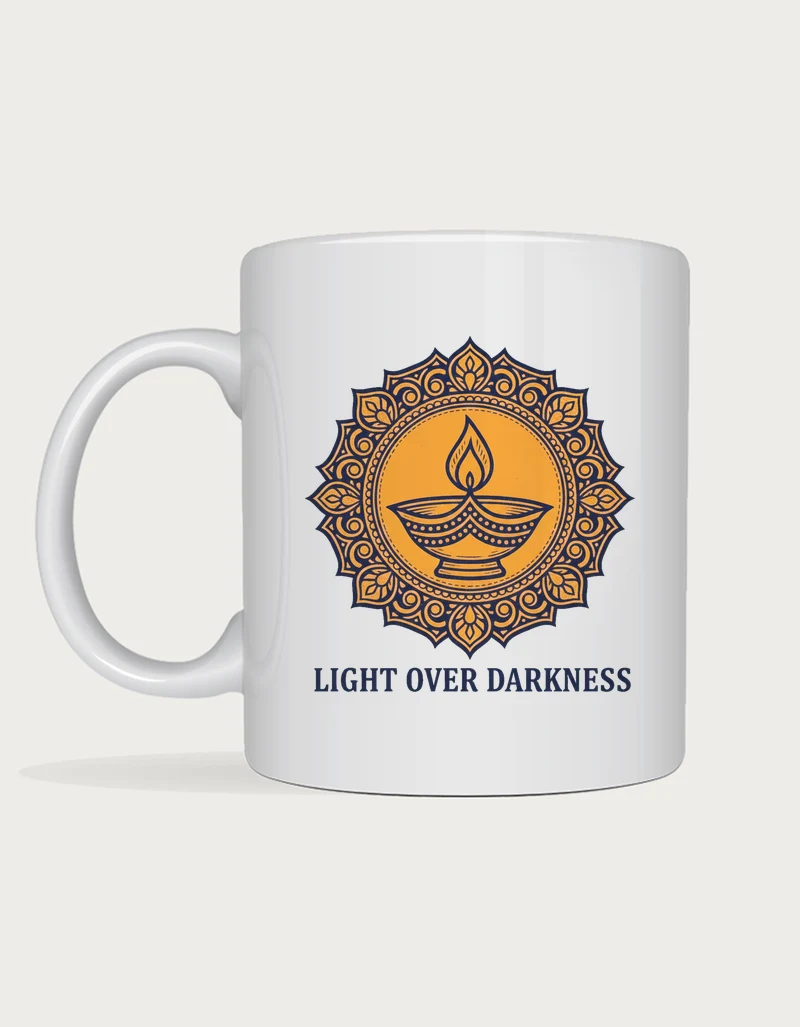 Diwali gift - Light Over Darkness woodblock print diya mug