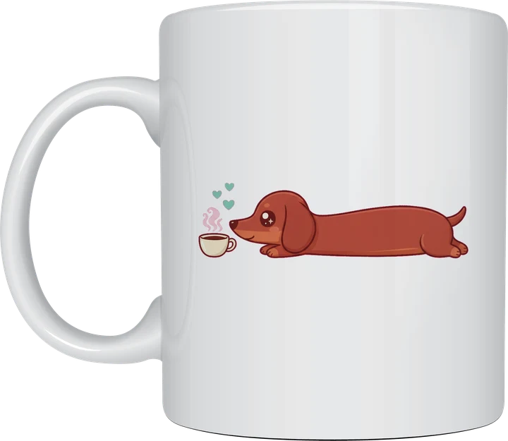 Dachshund mug – cute sausage dog sniffing a steaming coffee cup, dachshund gift mug Australia