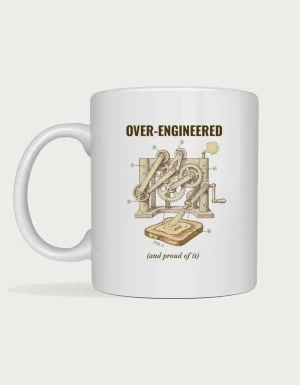 Over engineered mug with a vintage patent drawing of a toast buttering machine
