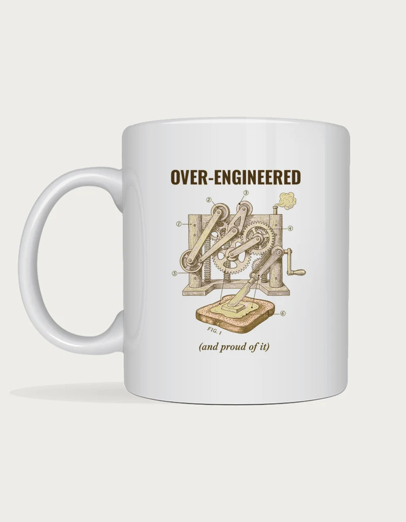 Over engineered mug with a vintage patent drawing of a toast buttering machine