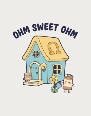 Kawaii Ohm Sweet Ohm house with an omega roof, artwork for the electrical engineer mug