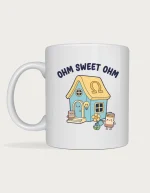 Electrical engineer mug with a cute Ohm Sweet Ohm house, resistor, light bulb and battery