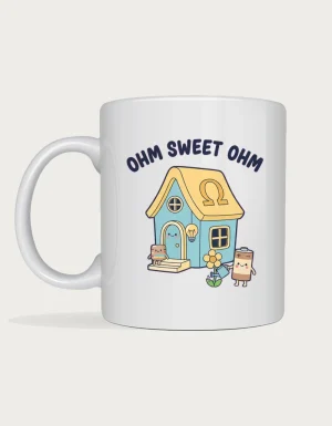 Electrical engineer mug with a cute Ohm Sweet Ohm house, resistor, light bulb and battery