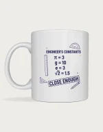 Maths mug listing engineer's constants pi equals 3, g equals 10, close enough