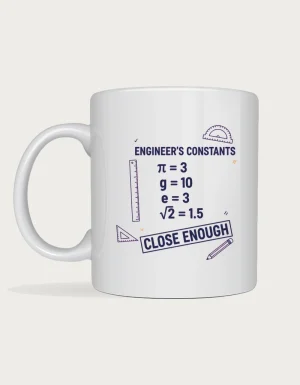 Maths mug listing engineer's constants pi equals 3, g equals 10, close enough