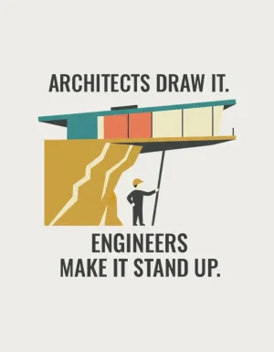 Mid-century illustration of an engineer propping up a cliffside house, artwork for the architects vs engineers mug