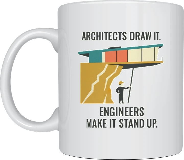 Architects vs engineers mug with a mid-century cantilevered house held up by a tiny engineer