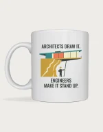Architects vs engineers mug with a mid-century cantilevered house held up by a tiny engineer