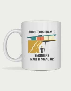 Architects vs engineers mug with a mid-century cantilevered house held up by a tiny engineer