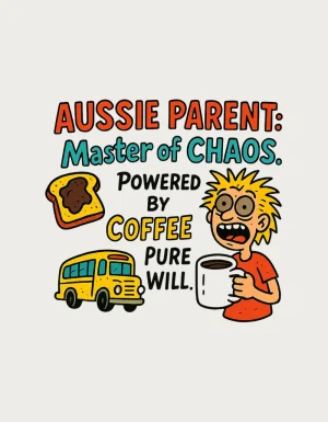 Aussie parent mug design - frazzled parent with coffee, toast and a school bus and the text Aussie Parent: Master of Chaos