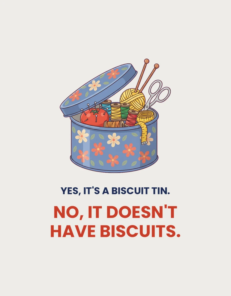 Nan Mug design - blue floral biscuit tin overflowing with thread, wool and scissors with a funny no biscuits message for nan