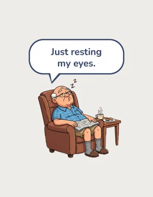 Pop Mug design - cartoon pop napping in a brown recliner with newspaper and a cuppa and the words just resting my eyes
