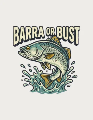 Barramundi mug design showing a leaping silver-green barramundi under Barra or Bust lettering on a plain background
