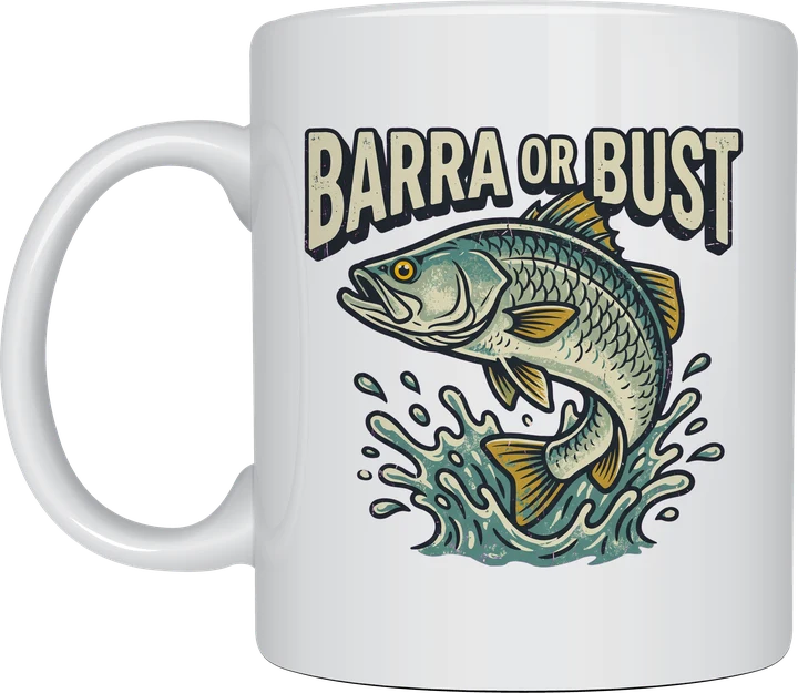 Barramundi mug with a leaping barra, water splash and Barra or Bust retro lettering on a white ceramic mug
