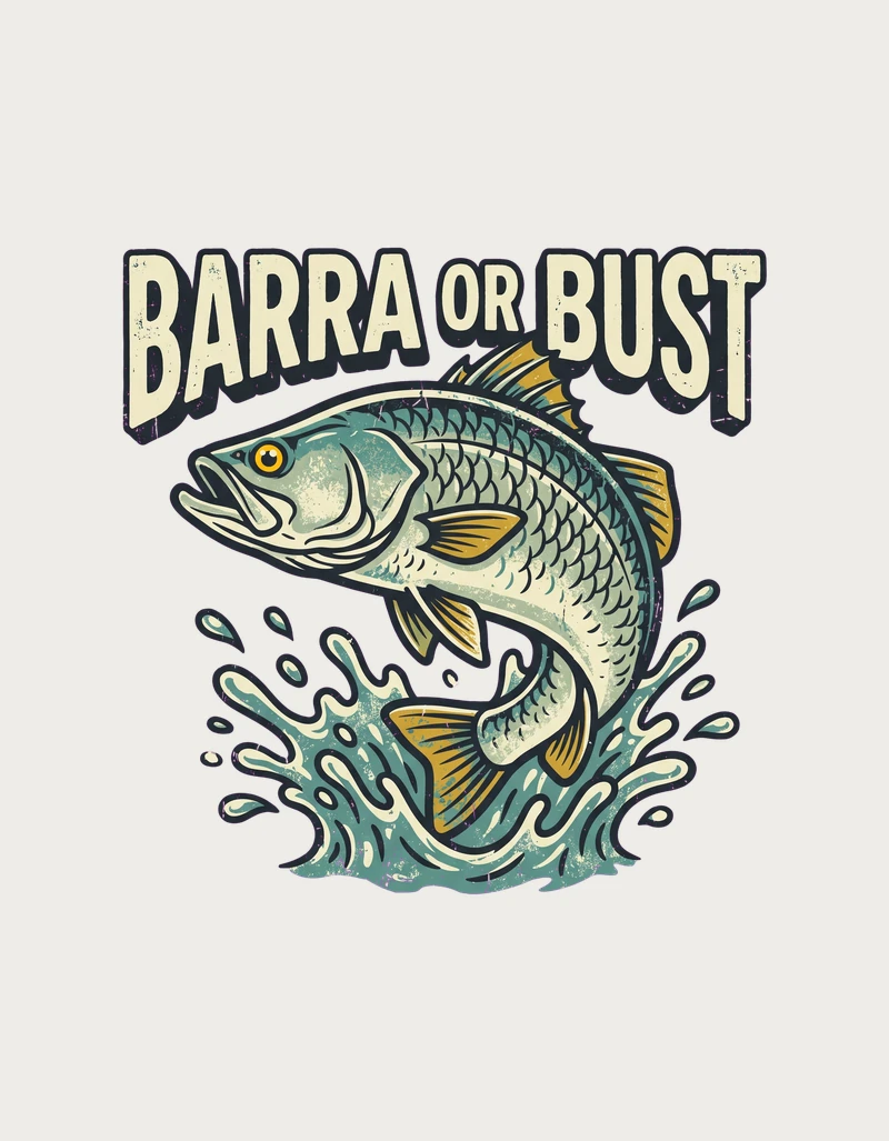 Barramundi mug design showing a leaping silver-green barramundi under Barra or Bust lettering on a plain background