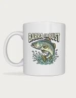Barramundi mug with a leaping barra, water splash and Barra or Bust retro lettering on a white ceramic mug