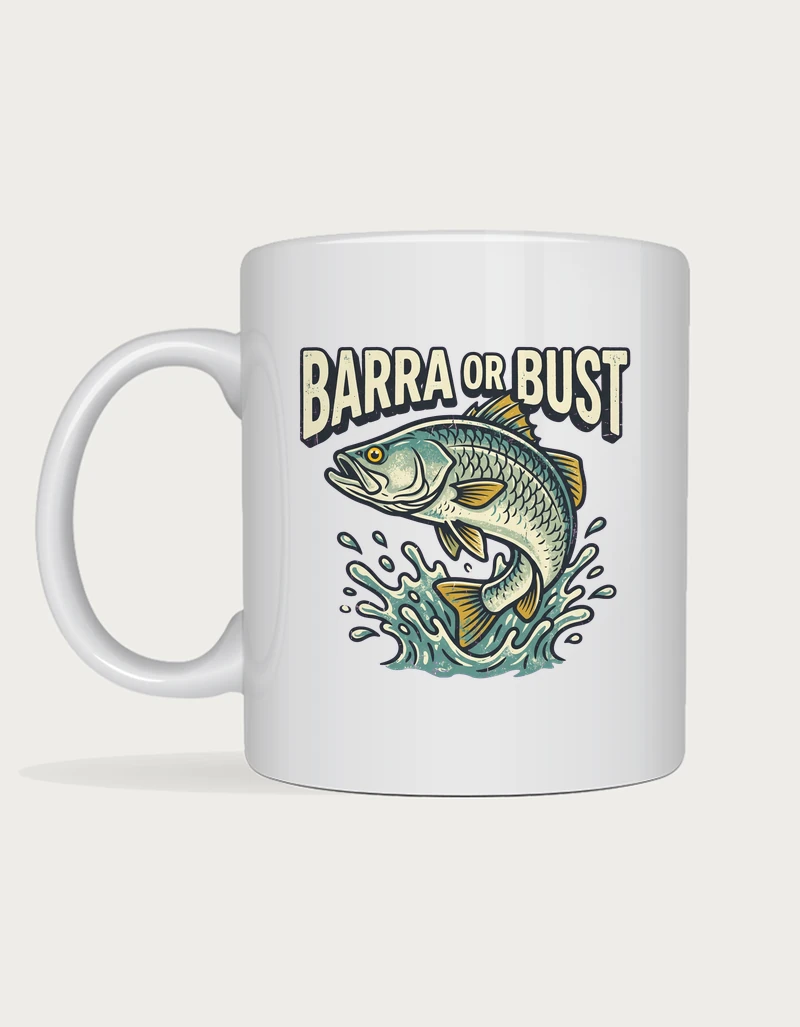 Barramundi mug with a leaping barra, water splash and Barra or Bust retro lettering on a white ceramic mug