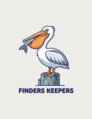 Pelican mug design showing a white pelican with a fish in its orange beak above Finders Keepers lettering on a plain background