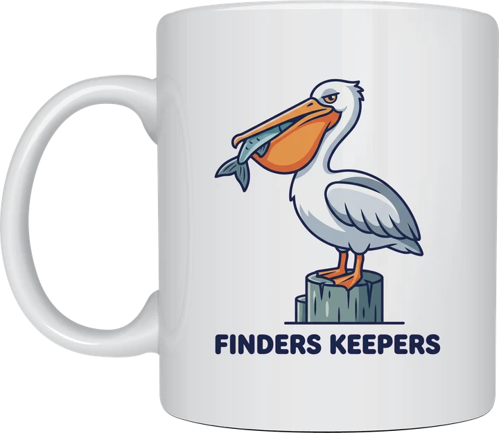 Pelican mug with a cheeky pelican holding a fish in its beak on a jetty post and Finders Keepers lettering on a white ceramic mug