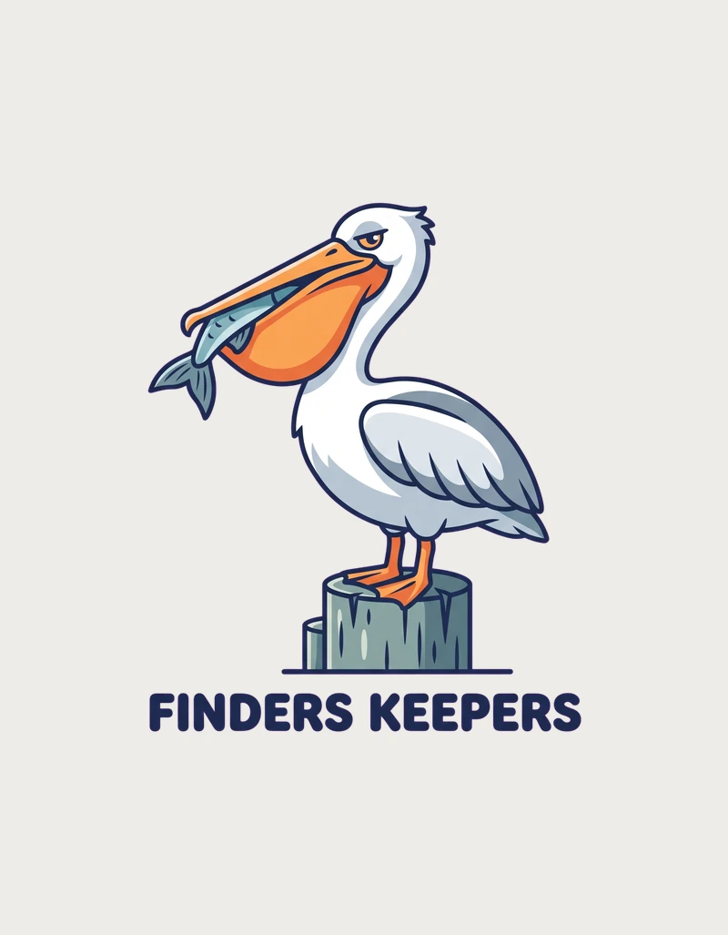 Pelican mug design showing a white pelican with a fish in its orange beak above Finders Keepers lettering on a plain background