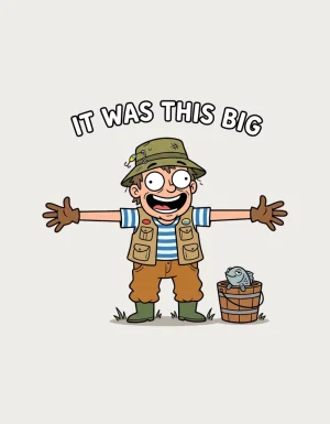 It Was This Big mug design showing a cartoon fisherman in a bucket hat with arms outstretched and a small fish in a wooden bucket on a plain background
