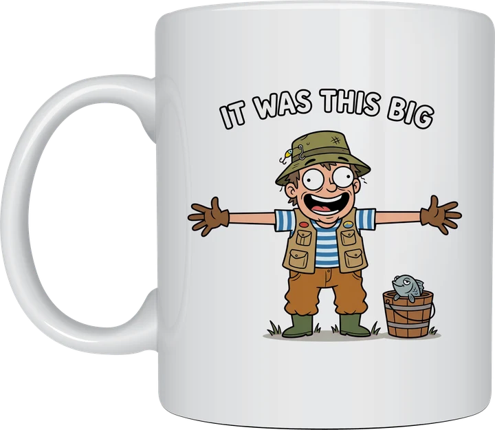 It Was This Big mug with a cartoon fisherman stretching his arms wide beside a small fish in a bucket on a white ceramic mug