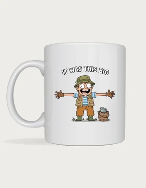 It Was This Big mug with a cartoon fisherman stretching his arms wide beside a small fish in a bucket on a white ceramic mug