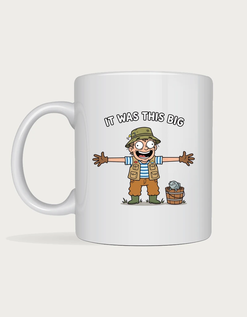 It Was This Big mug with a cartoon fisherman stretching his arms wide beside a small fish in a bucket on a white ceramic mug
