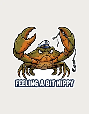 Crab mug design showing an olive and orange mud crab with raised claws above Feeling a Bit Nippy lettering on a plain background