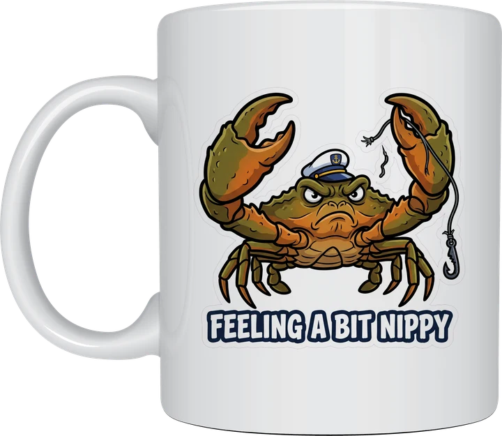 Crab mug with a grumpy mud crab in a captain's hat holding a snapped fishing line and Feeling a Bit Nippy lettering on a white ceramic mug