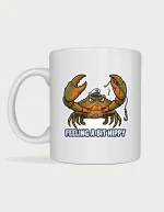 Crab mug with a grumpy mud crab in a captain's hat holding a snapped fishing line and Feeling a Bit Nippy lettering on a white ceramic mug