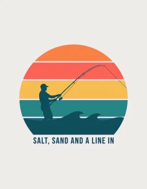 Beach fishing mug design showing a surf angler silhouette against orange, coral, yellow and teal sunset stripes with Salt, Sand and a Line In lettering