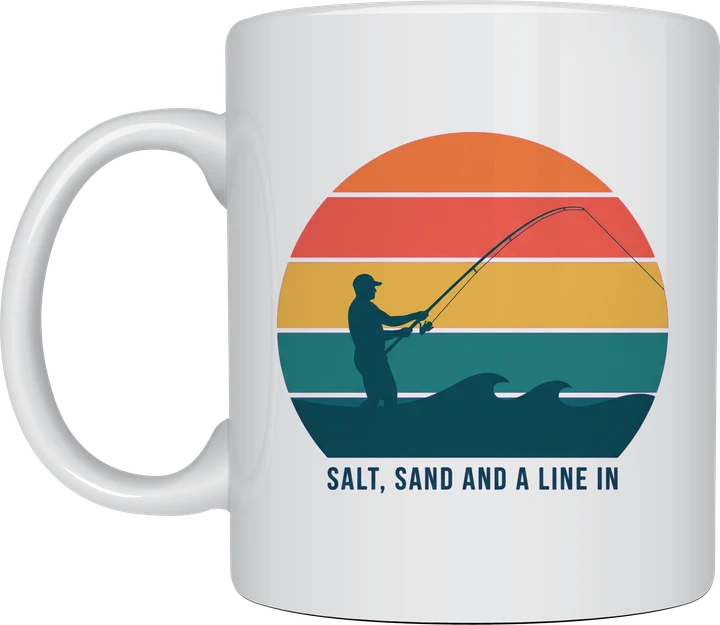 Beach fishing mug with a retro striped sunset and a surf angler silhouette casting into waves on a white ceramic mug