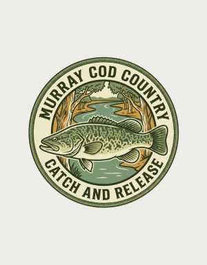 Murray cod mug design showing a circular badge with a green mottled Murray cod in front of a river bend and gum trees on a plain background