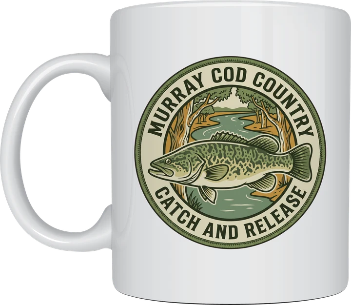 Murray cod mug with a round vintage badge of a mottled green cod, river and gum trees reading Murray Cod Country Catch and Release on a white ceramic mug