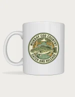 Murray cod mug with a round vintage badge of a mottled green cod, river and gum trees reading Murray Cod Country Catch and Release on a white ceramic mug