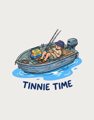 Tinnie Time mug design showing a dented tinnie with an outboard motor, an esky and a snoozing fisherman above Tinnie Time lettering on a plain background