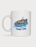 Tinnie Time mug with a cartoon man asleep in a small aluminium boat with an esky and fishing rods on a white ceramic mug