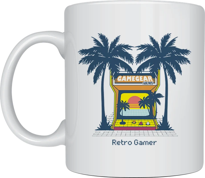 Gaming mug - retro arcade machine between palm trees with the text Retro Gamer