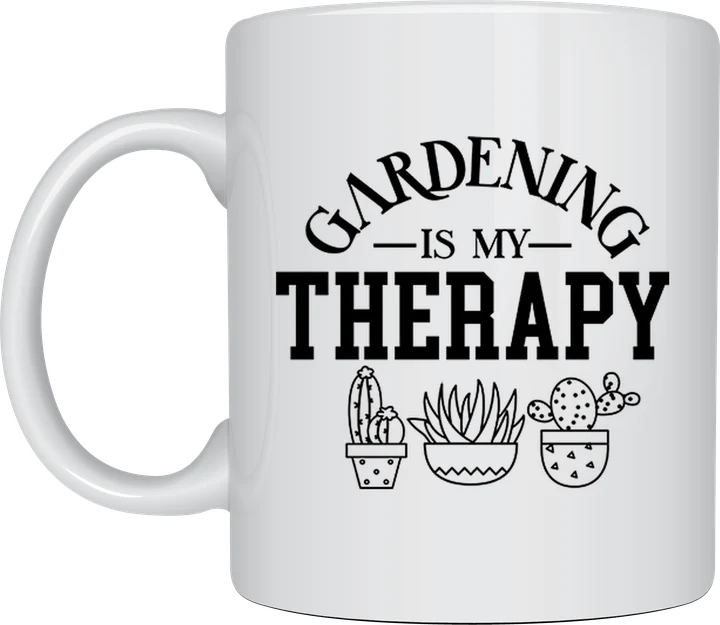 Gardening mug - Gardening Is My Therapy lettering